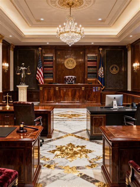 courtroom  luxury style  judge bench  gavel  flags