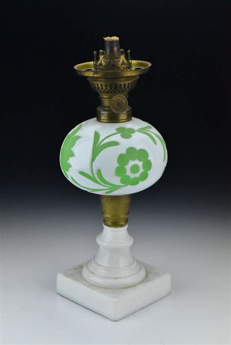 19th Century Boston Sandwich Green And White Cut Overlay Glass Oil Lamp Antique Price Guide