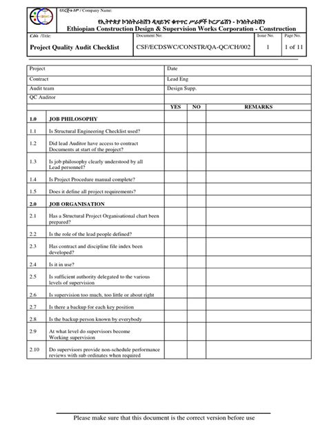 Csf Ecdswc Constr Qa Qc Ch 002 Project Quality Audit Checklist Pdf