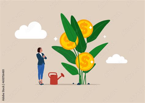 Woman Finish Watering Growing Money Plant Seedling With Coin Flower