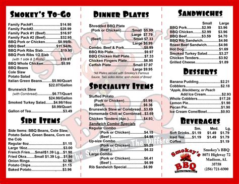 Smokeys Barbeque Menu Menu For Smokeys Barbeque Madison Huntsville