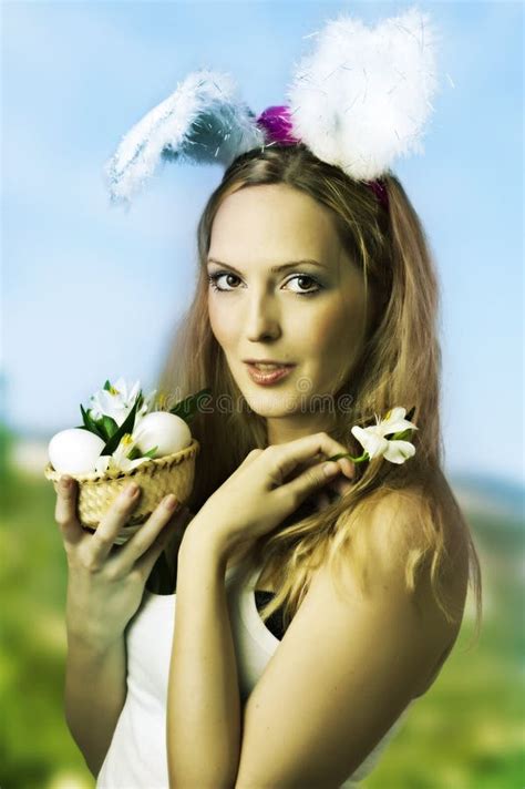 Woman Easter Bunny With Basket Of Eggs Stock Image Image Of Eggs Easter 23044409