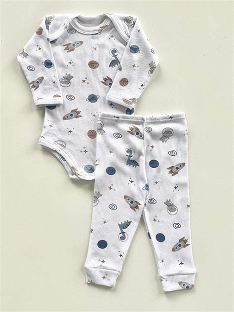 Conjunto Body e Calça Bebê Canelado Dino Astronauta Roupa de Bebê do