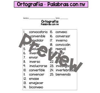 Ortografía palabras con nv Spanish Spelling Packet words with nv