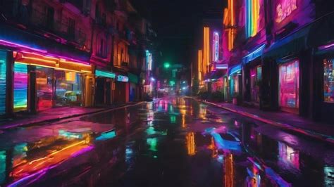 Premium AI Image Multicolored Neon Lights On A Dark City Street