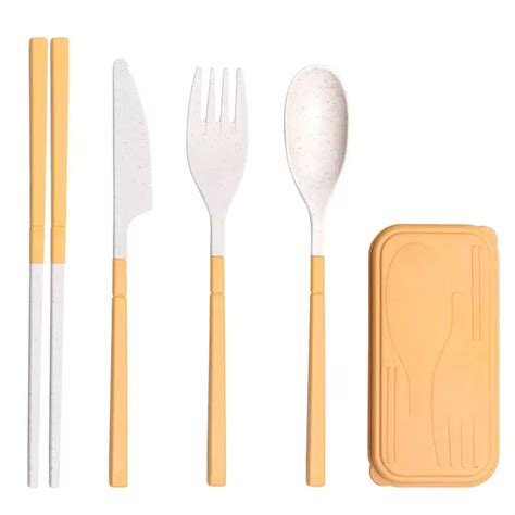 4pcs Set Reusable Folding Wheat Straw Chopstick Spoon Fork Knife