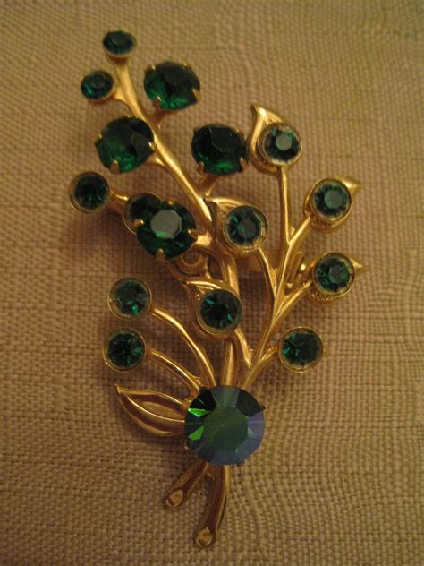 Ab Green Rhinestone Brooch Gold Tone Metal Branch Leaves Buds Etsy