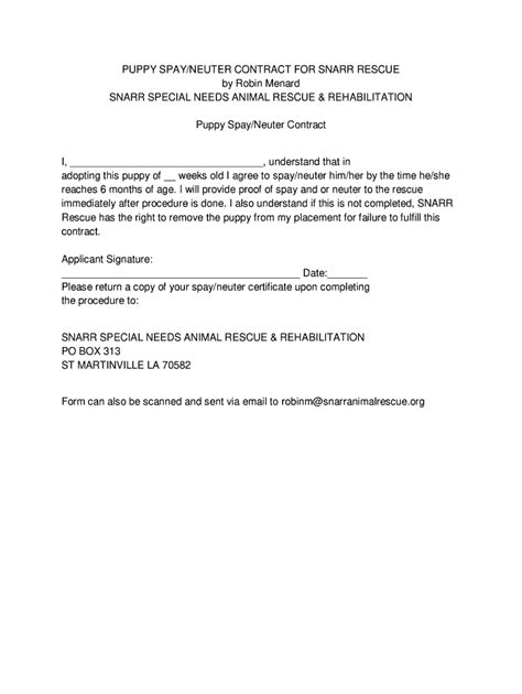 Puppy Spay Neuter Contract For Snarr Rescue Fill And Sign Printable