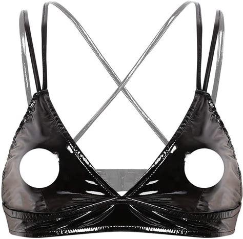 Womens Dessous Nass Look Leder Push Up Bh Dreieck Öffnen Nippel Bralette Sissy Erotik Latex