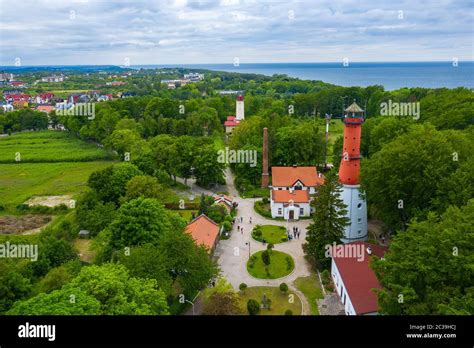 Aerial View Of Lighthouse In The Small Village Of Rozewie On The Polish