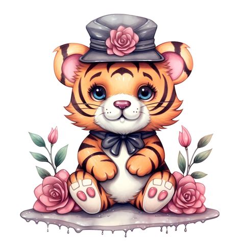 Premium Psd Cute Funny Tiger With Flowers Watercolor Clipart Illustration