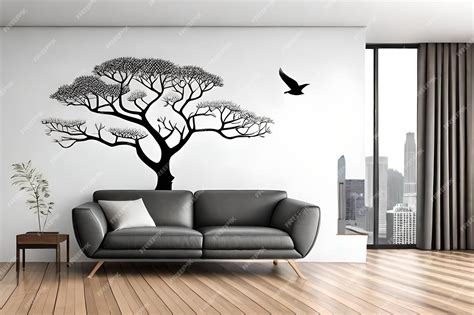 Premium Photo | A living room with a tree and a wall mural of a tree on ...