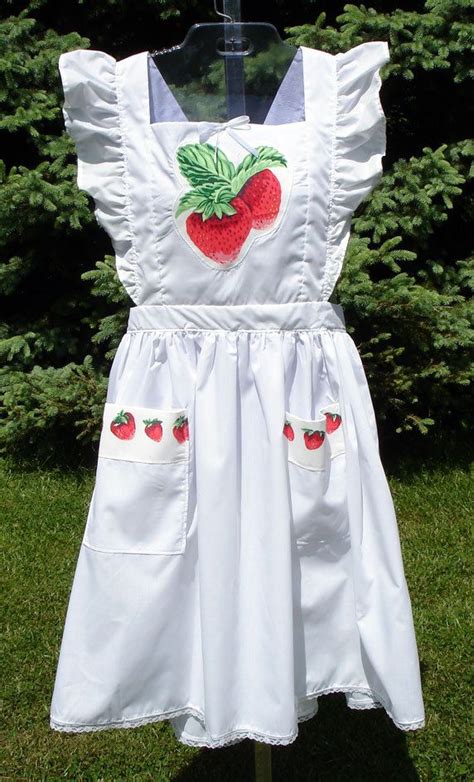 Strawberries On White Ruffled Pinafore Bib Apron Womens Plus Etsy