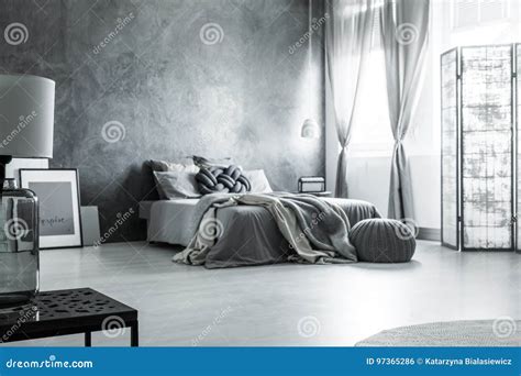 Scandinavian Monochromatic Gray Bedroom Design Stock Photo - Image of ...