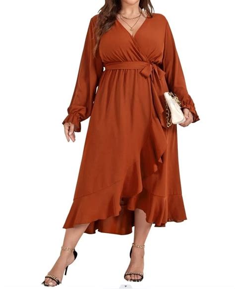 SCOMCHIC Women Plus Size Wedding Guest Maxi Dress Long Sleeve Wrap V