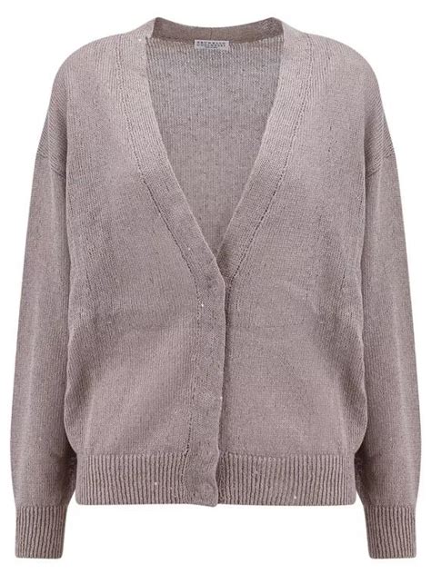 Brunello Cucinelli All Over Sequins Linen And Silk Cardigan Grey