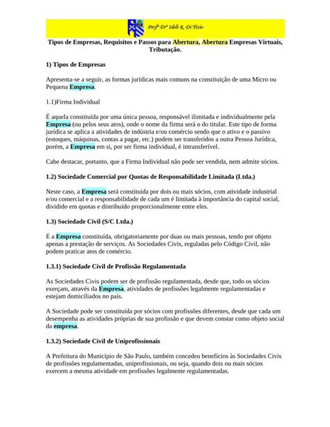 Pdf Tipos De Empresas Requisitos E Passos Para Ditizio Adv Br Txt