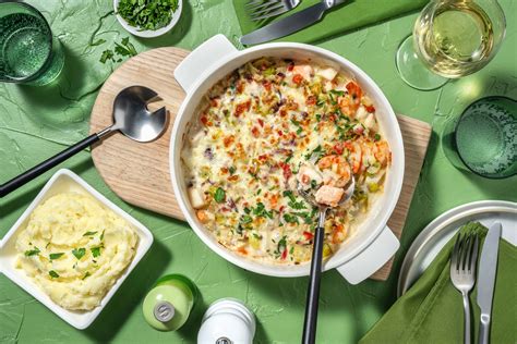 Visgratin Van Kabeljauw Koolvis Zalm En Garnalen Recept HelloFresh