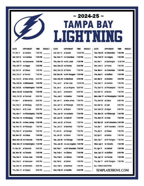 Printable 2024-2025 Tampa Bay Lightning Schedule