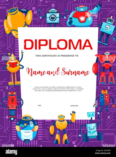 Kids diploma cartoon robot and droid characters. Vector educational, graduation or trophy ...