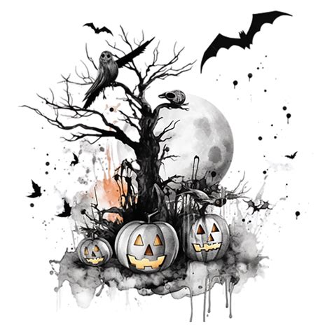 Halloween Tree Pumpkins Black Bat Silhouette PNG Transparent Image