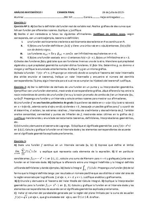 Examen final 26 de julio 2019 ANÁLISIS MATEMÁTICO I EXAMEN FINAL 26