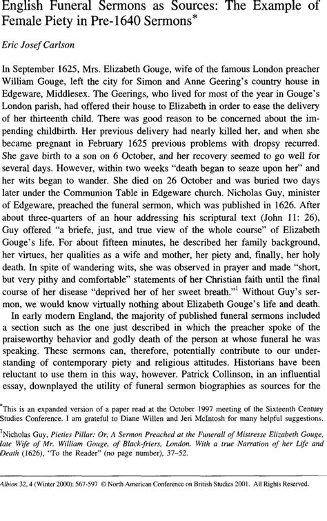 English Funeral Sermons as Sources: The Example of Female Piety in Pre ...