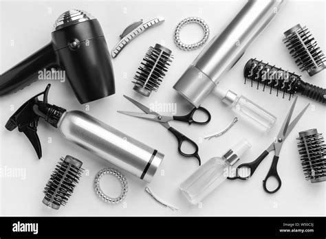 Set of hairdresser tools and accessories on white background Stock