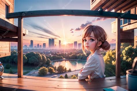 Premium AI Image | A girl looks out of a window at a cityscape.