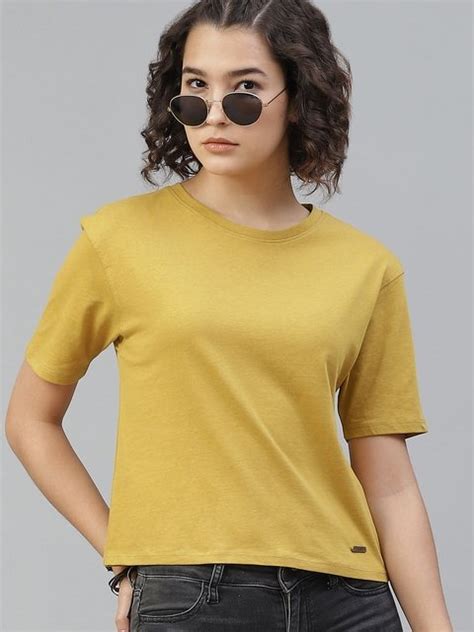 Roadster Women Mustard Yellow Pure Cotton Solid Round Neck T Shirt