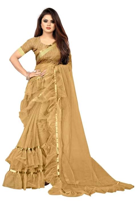 Buy Anjaneya Sarees Beige Designer Net Ruffle Saree Online At Best