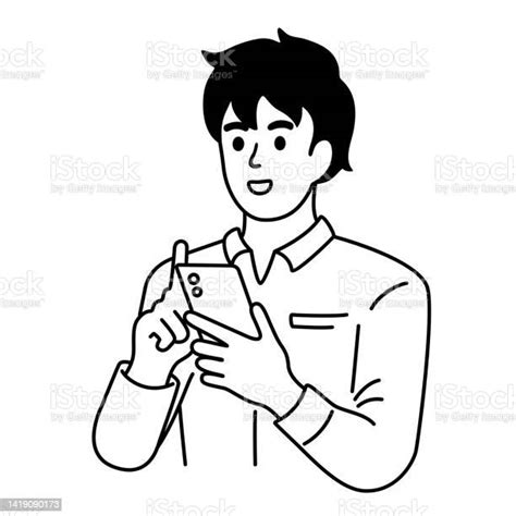 Man Using Smartphone Isolated Vector Illustration Outline Hand Drawn