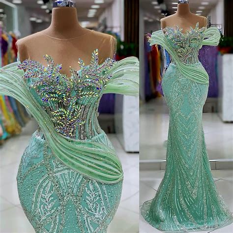 Aso Ebi Mint Mermaid Prom Dress Sparkling Beaded Sequined Lace