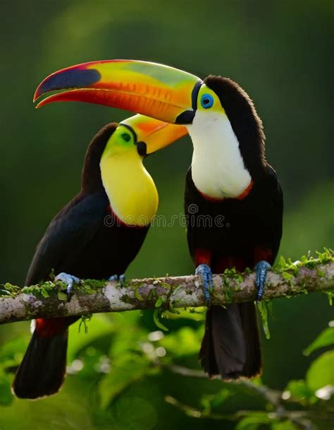 Two Colorful and Beautiful Toucans Sitting on a Branch in the Rain ...