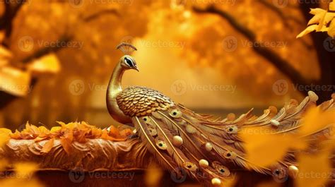 A Gold Feather Peacock Bird On Golden Leaves Tree Idea For Prosperity And Power Symbol