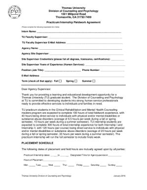 Fillable Online Practicum Internship Fieldwork Agreement Thomas