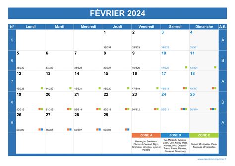 Calendrier Février 2024 à imprimer