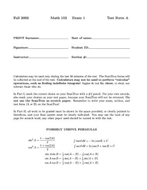 Fillable Online Math Tamu Fall 2002 Math 152 Exam 1 Test Form A Math