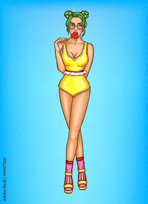 Vector Pop Art Pin Up Sexy Punk Girl In Swimsuit Sucks Red Lollipop