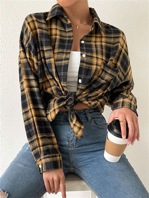 Plaid Print Drop Shoulder Shirt Denim Skirt Women Denim Top Women