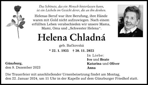 Traueranzeigen Von Helena Chladna Allg Uer Zeitung