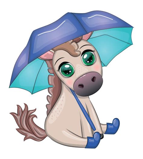 Cute horse with umbrella and rubber boots, autumn is coming theme ...