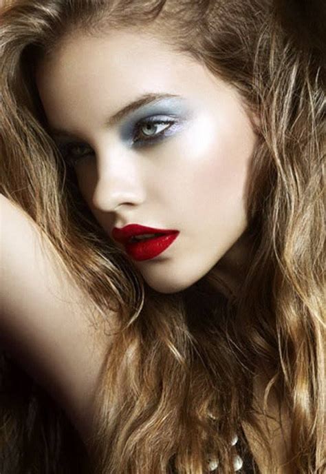 Light Blue Eyeshadow With Red Lips Barbara Palvin Lipstick Dark Red