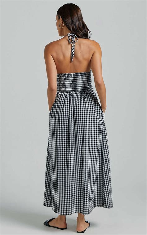 Aimie Midi Dress Strappy Halter Neck Shirred Top In White Check