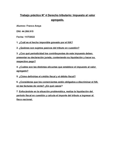 Trabajo Practico 4 tributario Trabajo práctico N 4 Derecho