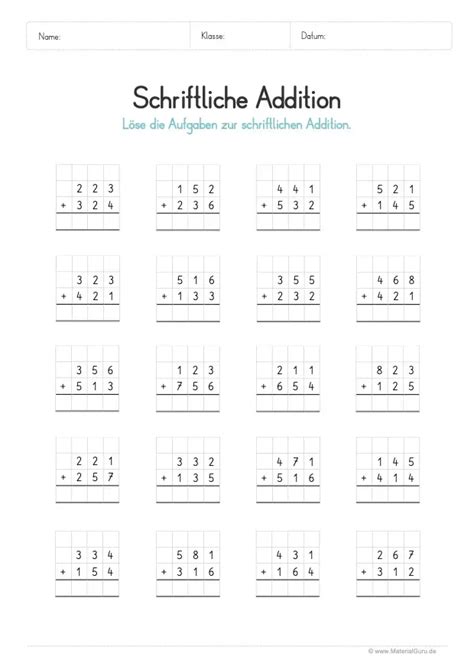 Schriftliche Addition MaterialGuru