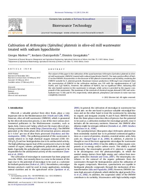 Pdf Cultivation Of Arthrospira Spirulina Platensis In Olive Oil