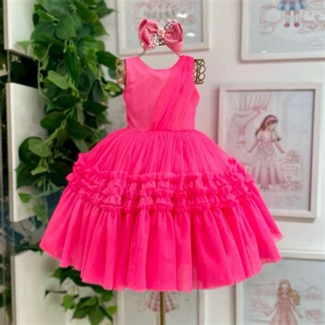 Vestido Infantil De Festa Petit Cherie Rosa Neon Sobreposi O Tule