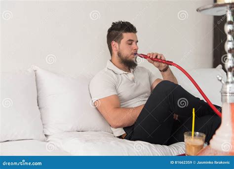 Man Smoking Shisha In The Arabic Cafe Stock Image Image Of Narcotic