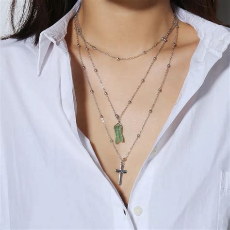 Crystal Necklace Women Bead Chain Layered Necklace Metal Cross Chokers Necklaces For Women